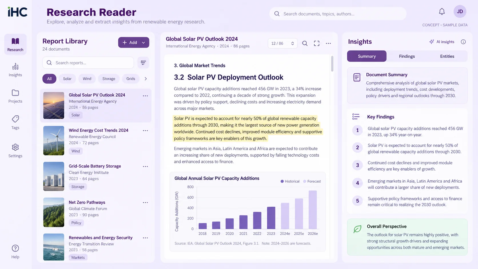 AI Document Analysis platform UI concept with sample data