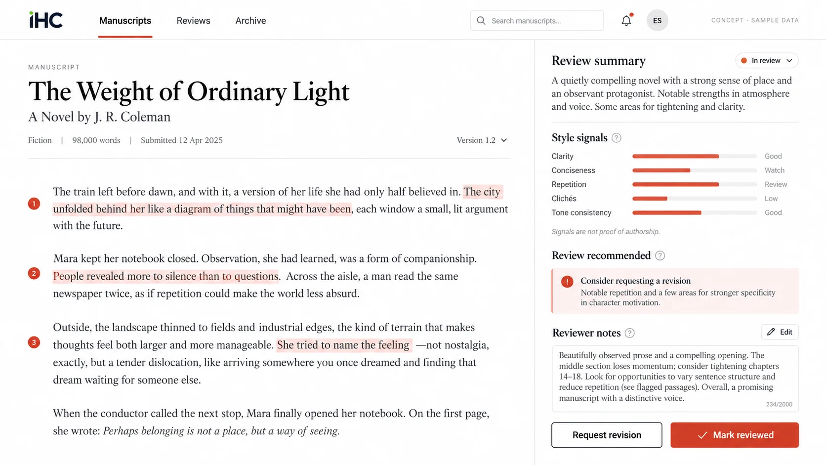 AI-Generated Text Detection platform UI concept with sample data